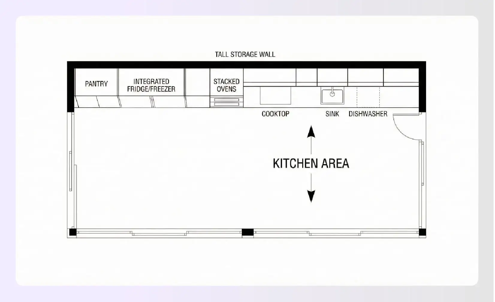 Floor-to-ceiling storage wall single-wall kitchen layout 
