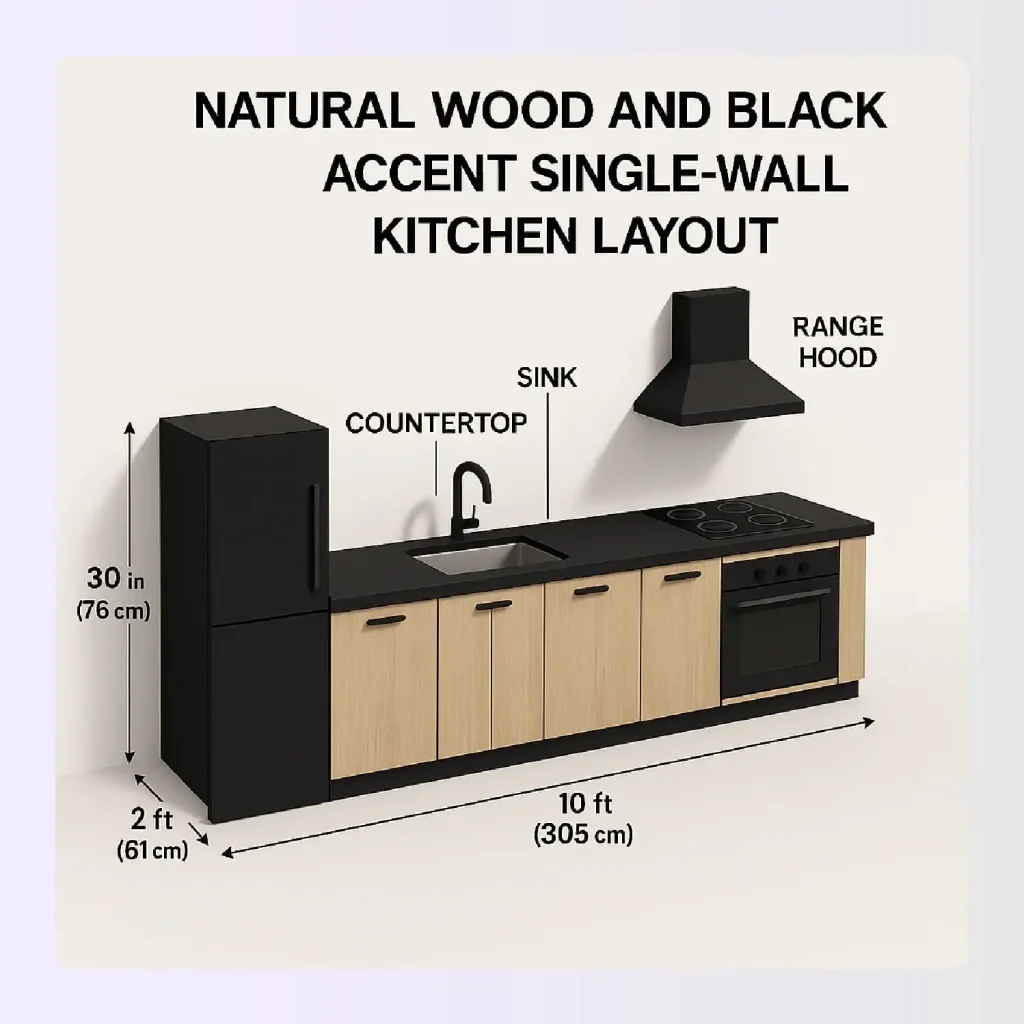 Natural wood and black accent single-wall kitchen layout 