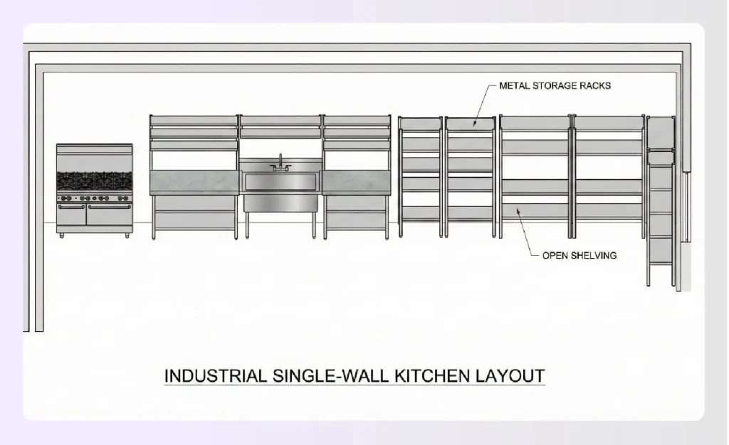 Open shelf industrial single-wall kitchen layout with metal racks 