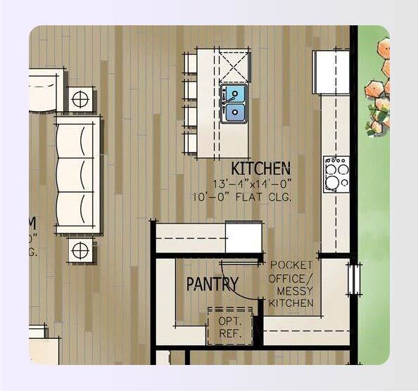 Accessible kitchen floor plan with open central turning space and lower cabinets