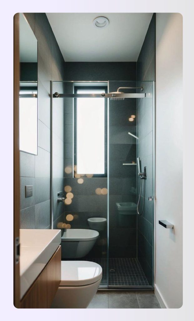 Narrow bathroom with all fixtures running along one service wall Narrow bathroom with all fixtures running along one service wall