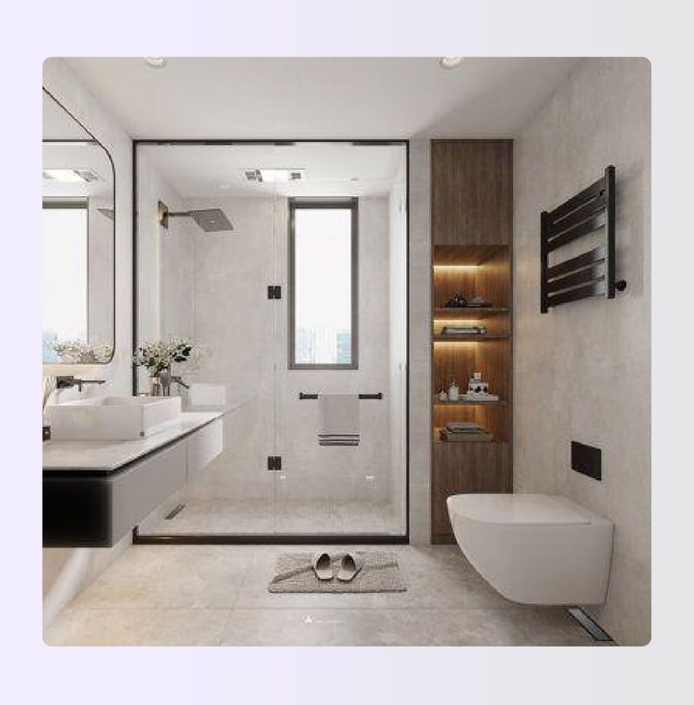 Open curbless wet room bathroom with wall-mounted toilet and linear drain Open curbless wet room bathroom with wall-mounted toilet and linear drain