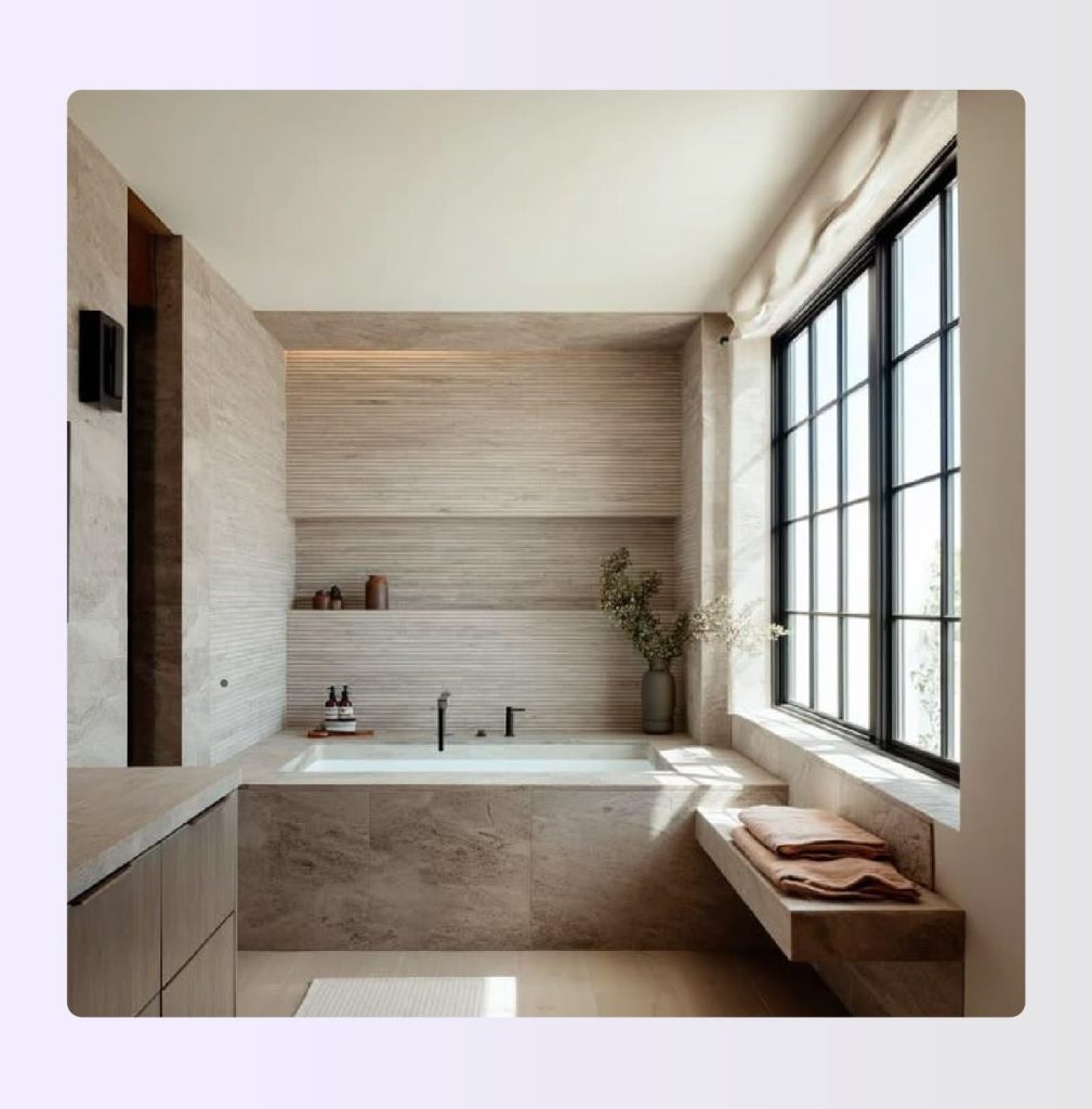 Narrow bathroom with bathtub recessed into a defined far-end alcove Narrow bathroom with bathtub recessed into a defined far-end alcove