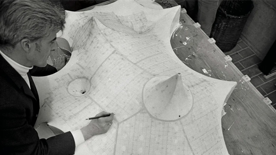 Frei Otto with the model for the roofing of the Olympic Park&amp;rsquo;s swimming hall, Munich, c. 1970