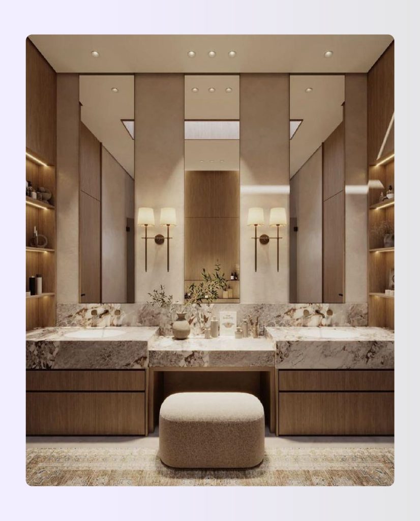 Large master bathroom with two separate vanity wings 