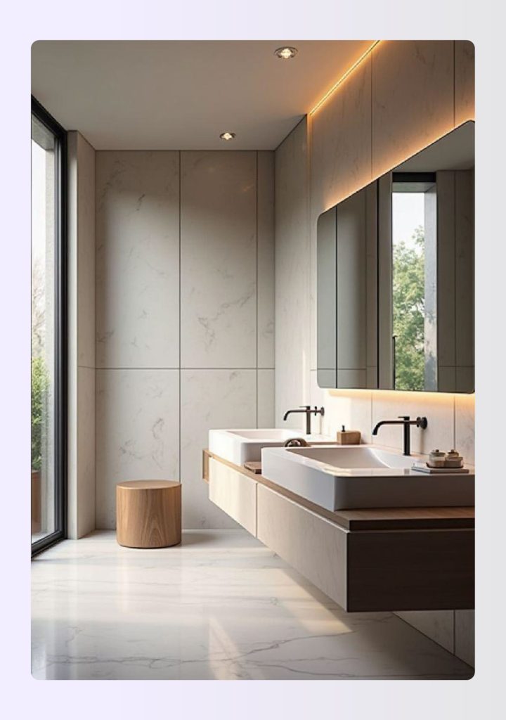 Loft-style large bathroom with wall-hung floating vanities 