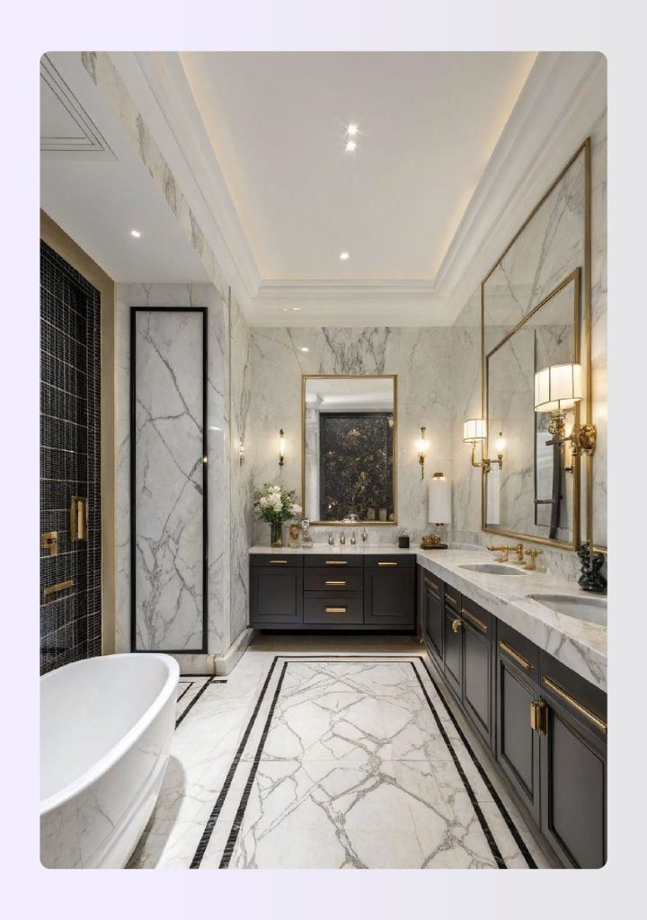 Long narrow primary bathroom with floor-to-ceiling marble wall