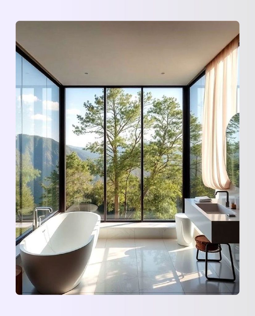 Large bathroom with floor-to-ceiling glass wall overlooking a private garden 