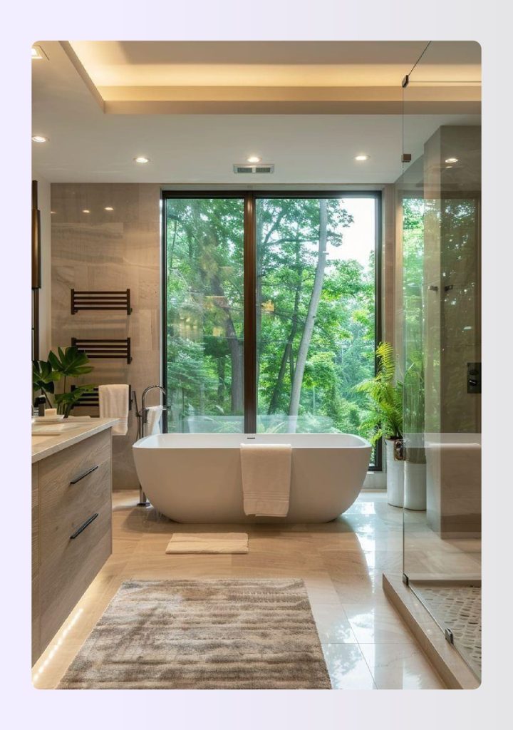 Freestanding soaking tub centered in a large square bathroom