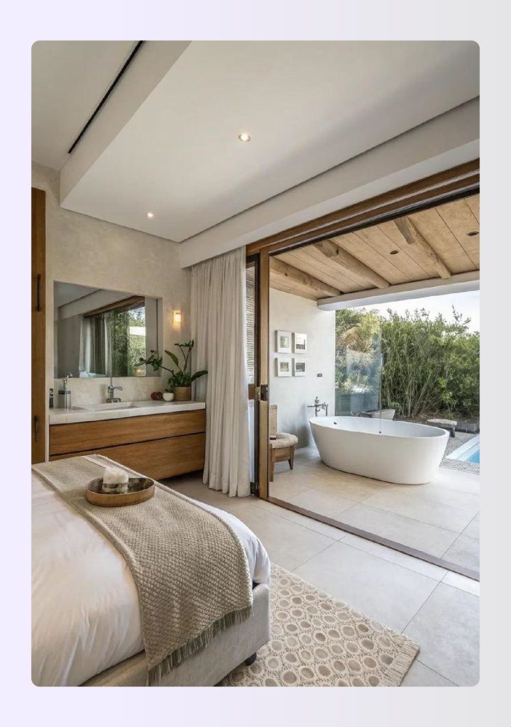 Master bedroom opening directly into a large bathroom with a freestanding tub