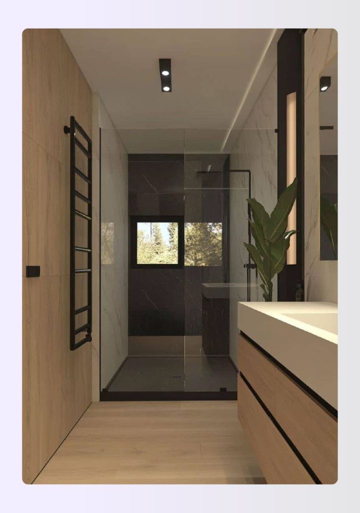 Linear large bathroom with vanity corridor leading to a walk-in shower