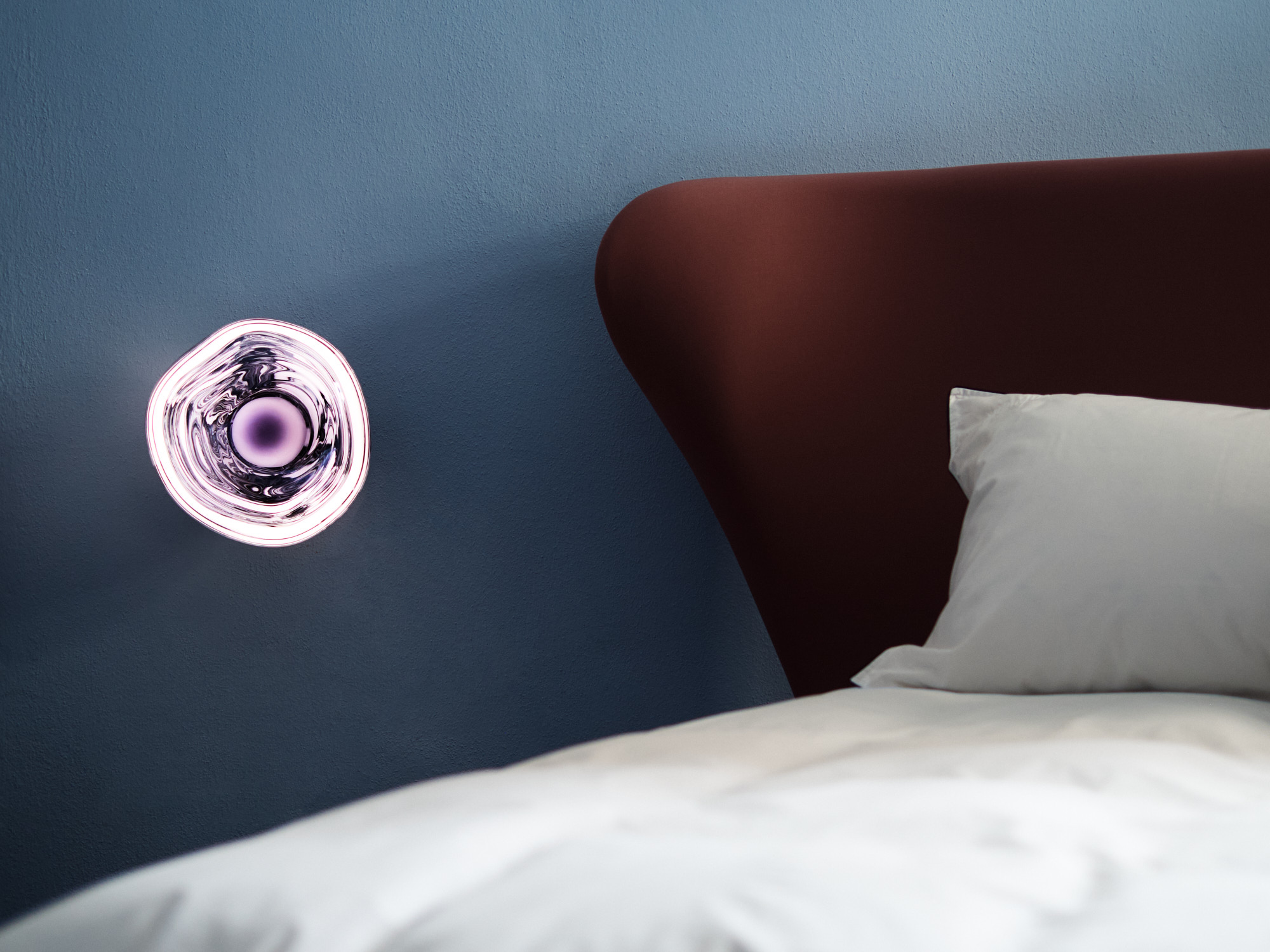 Inside Mua Mua Hotel designed by Tom Dixon for Milan Design Week 2026, featuring Tom Dixon x Vispring bed collaboration