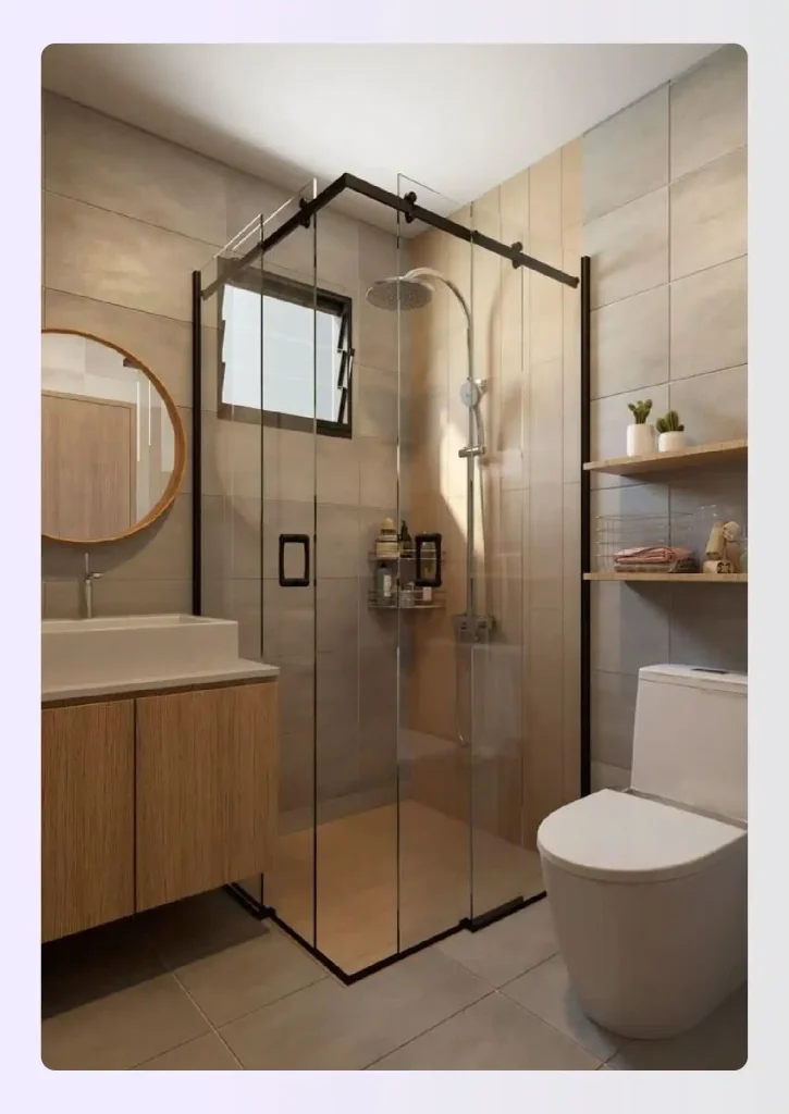 Floor plan showing an L-shaped corner bathroom layout