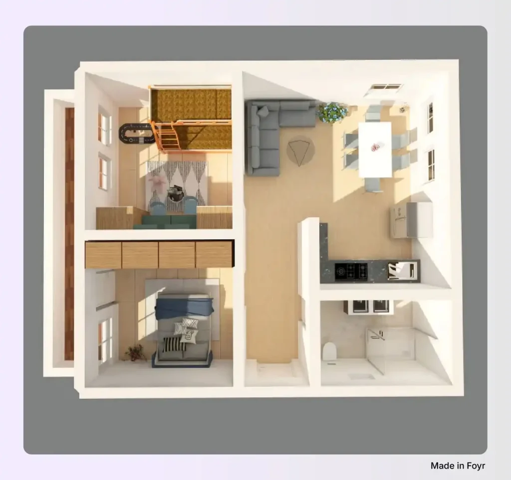 Open concept two-bedroom senior floor plan, wide clearances.