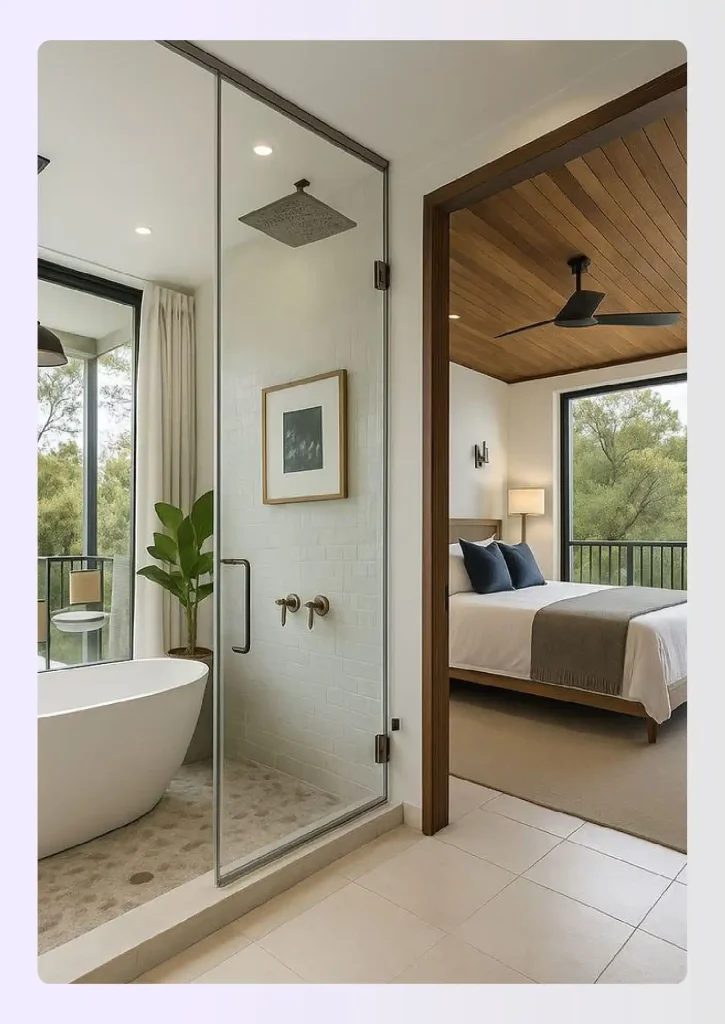 Open concept primary suite with integrated bathroom 