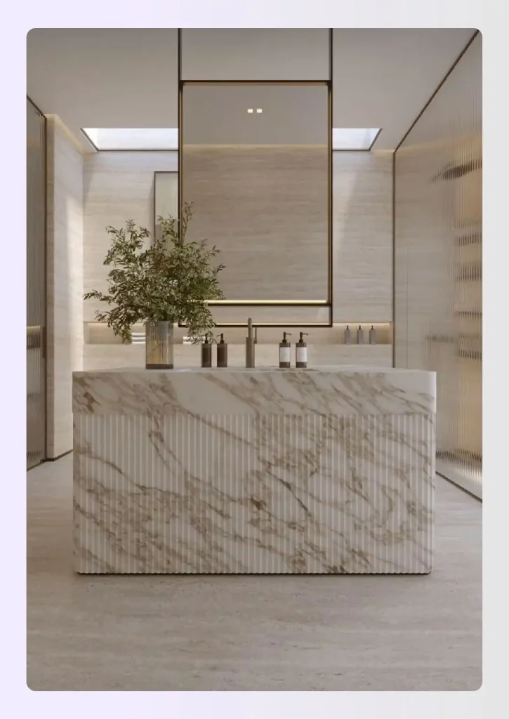 Peninsula vanity projecting from a wall as a divider 