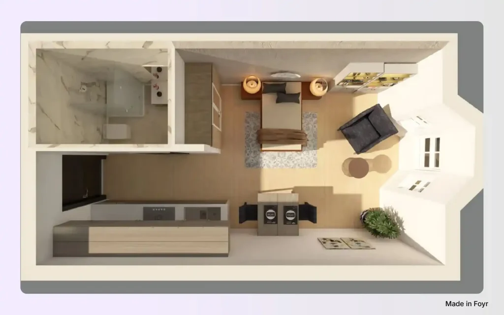 Senior studio apartment floor plan with accessible bathroom