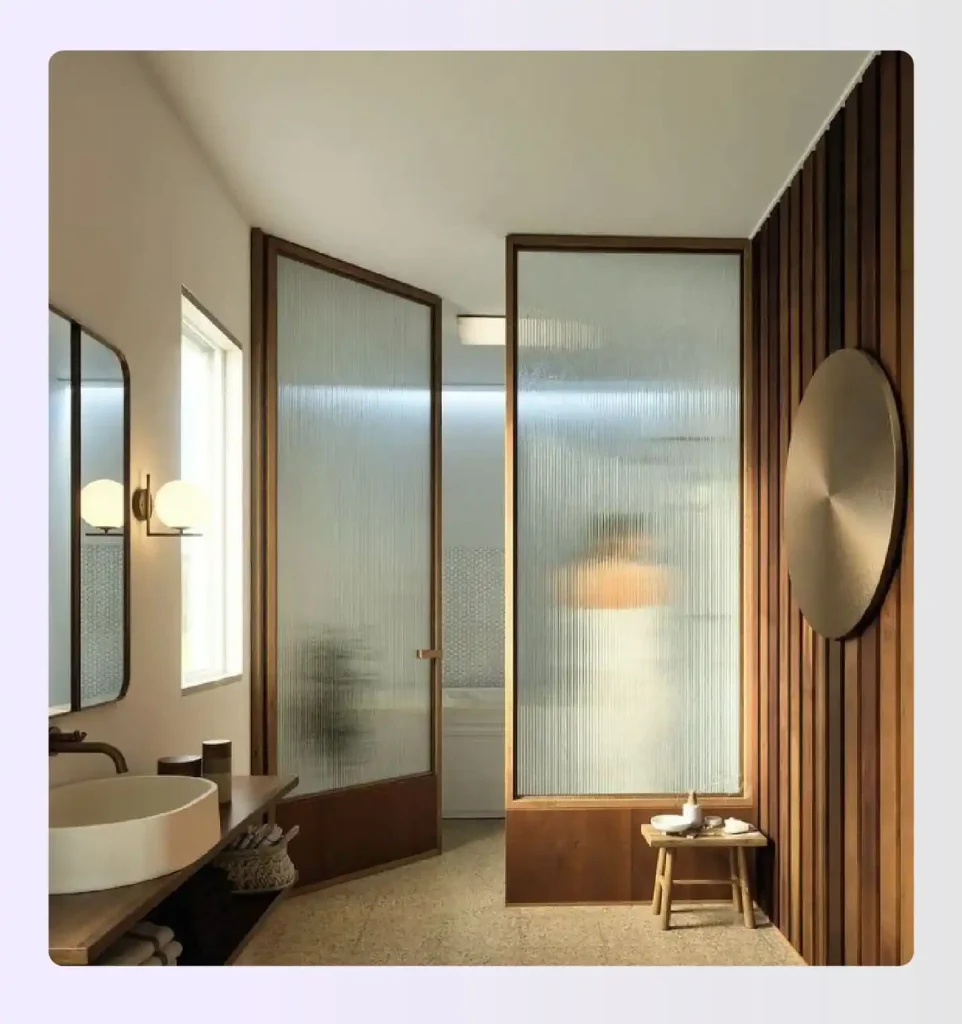 Split primary bathroom with frosted glass partition 