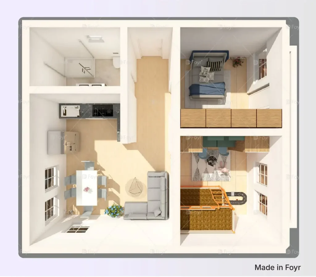 3D Apartment Floor Plan 2 Bedroom Layout