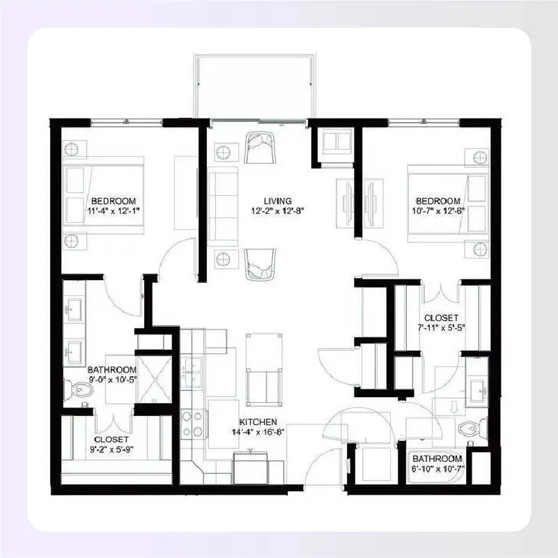 Two-bedroom condo with bedrooms on opposite sides of living area 