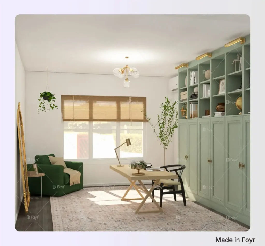 Serene Sage Green Home Office with Cozy Reading Nook