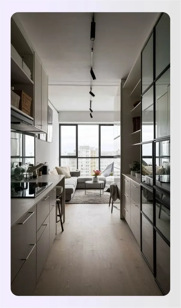 Compact micro-condo with fold-down furniture and integrated smart home controls 