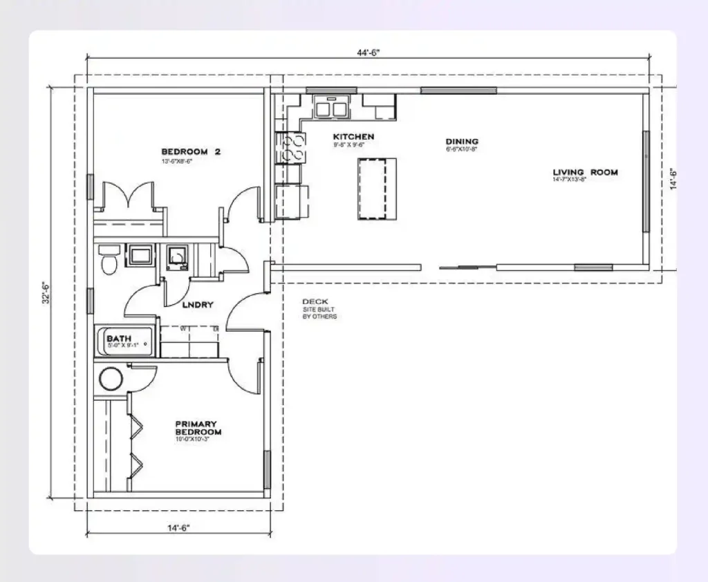 L-shaped small house with two separate bedroom wings 