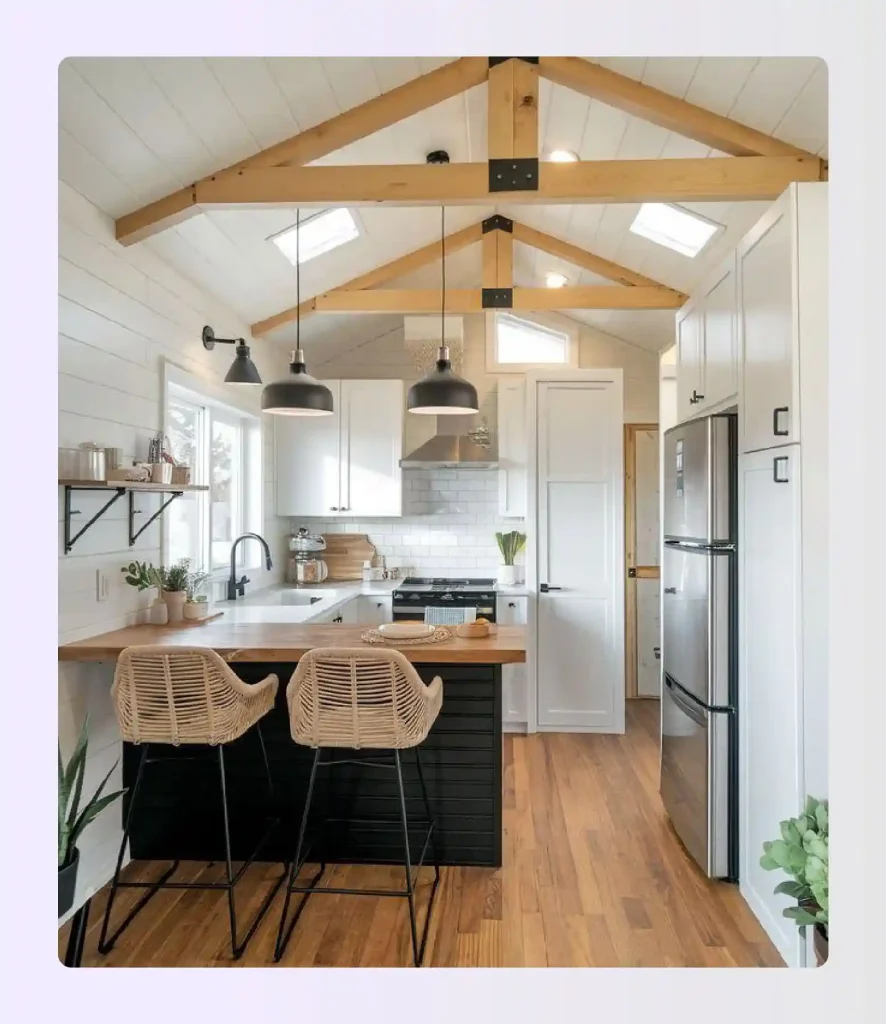 Linear tiny house with single kitchen wall 