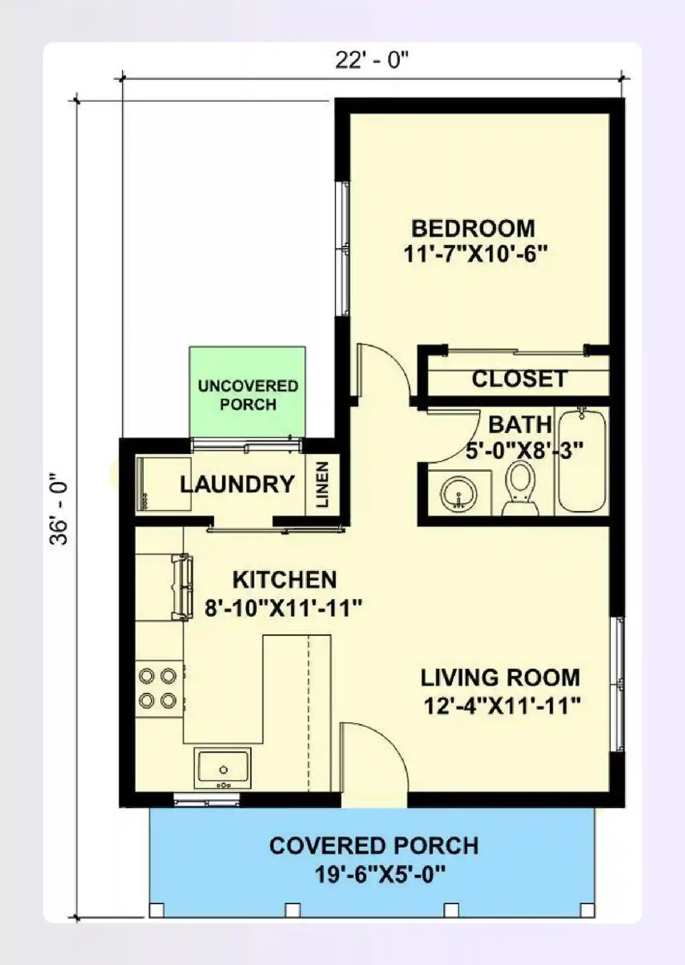 Modern farmhouse tiny cottage floor plan with covered front porch