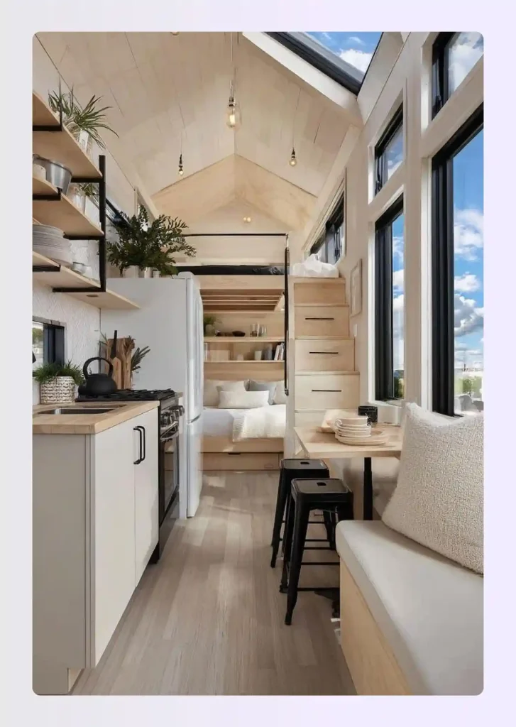 Open-concept micro pod tiny home interior