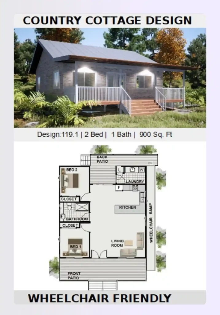 Universally accessible small house plan with wide hallways