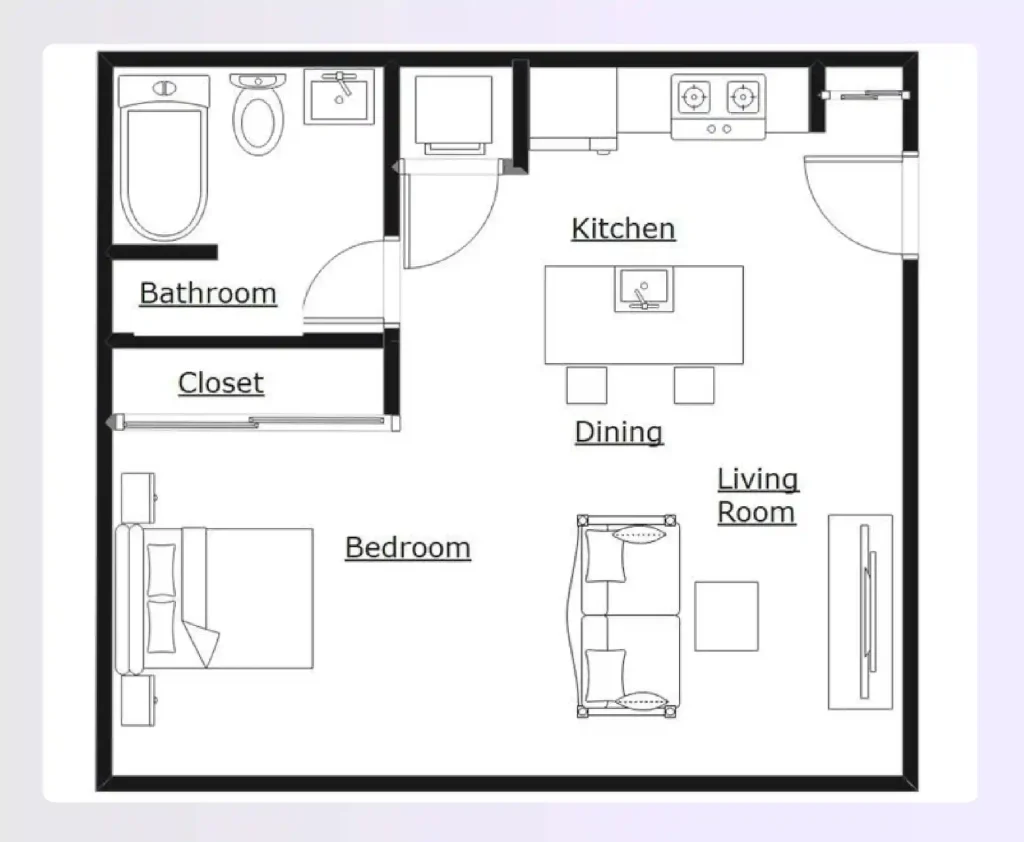Urban ADU floor plan with compact kitchen and bedroom