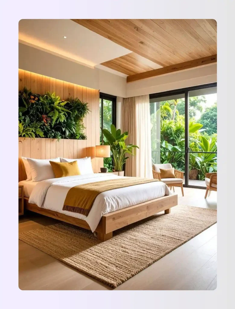 Biophilic wellness hotel suite with living green wall and dedicated yoga zone floor