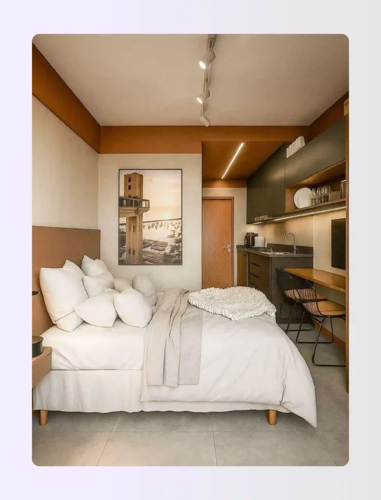 Extended-stay studio hotel room floor plan with kitchenette zone and vertical storage 