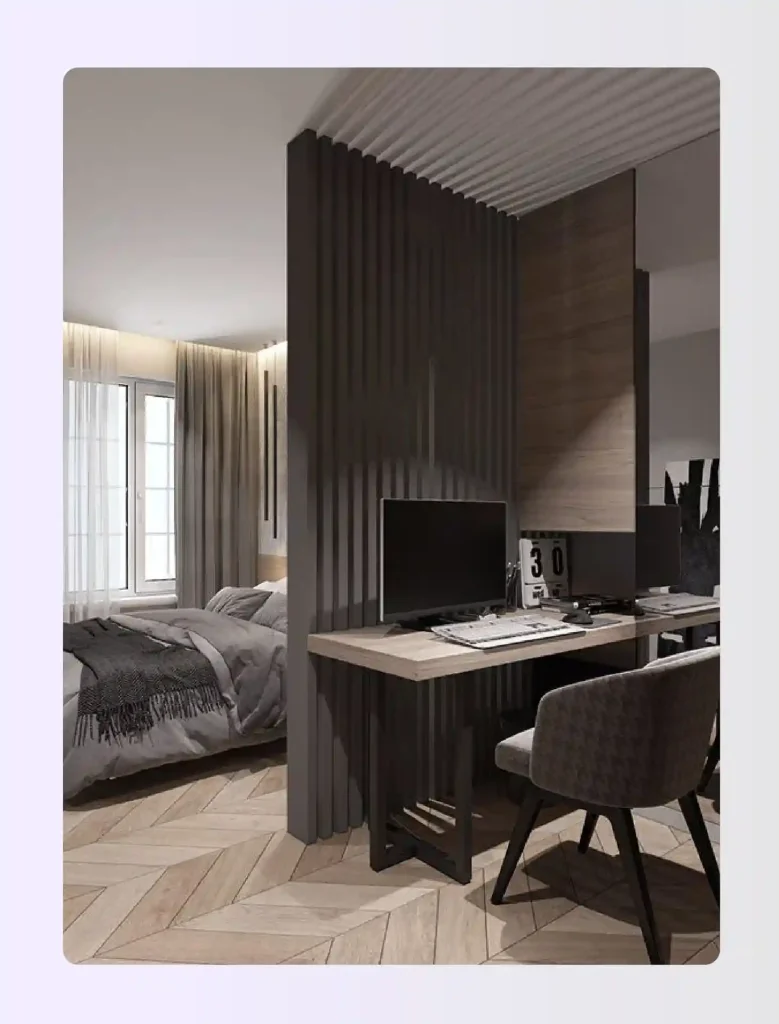 Hotel room floor plan with desk zone separated from sleeping area 