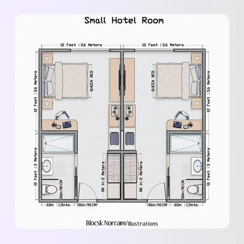 Hotel room floor plan with entry alcove separating bed from corridor sightline
