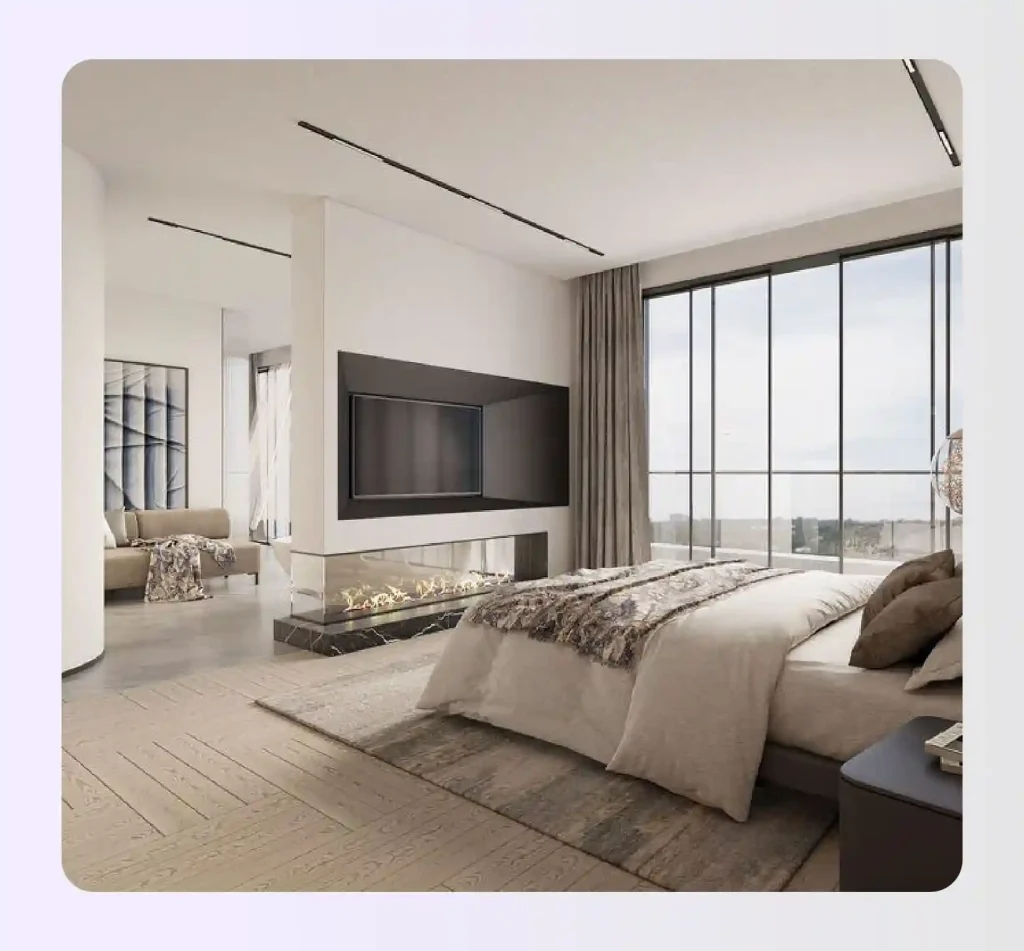 Hotel room with bed facing large windows and TV mounted on interior wall