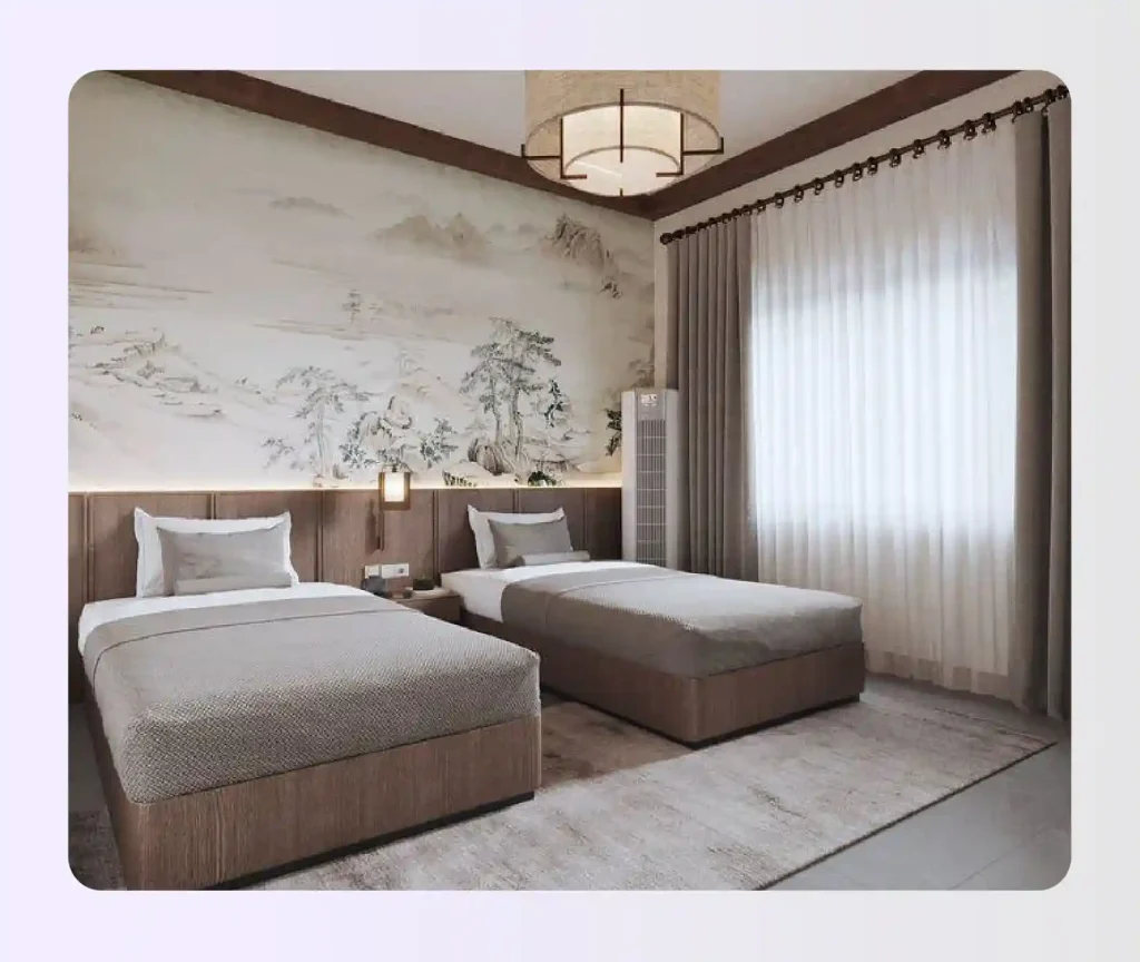 Junior suite floor plan with lounge and sleeping zones defined by furniture and flooring 