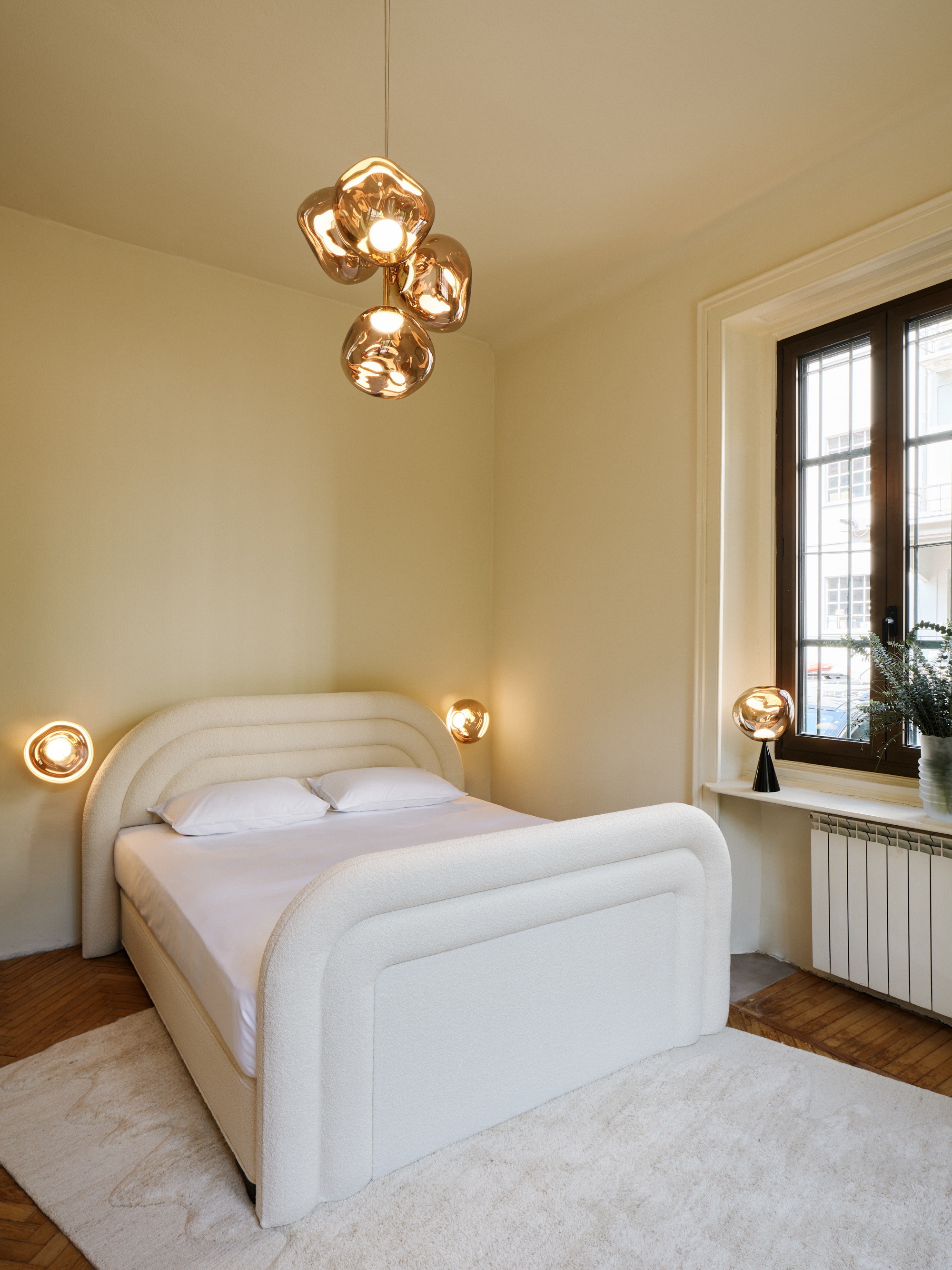 Inside Mua Mua Hotel designed by Tom Dixon for Milan Design Week 2026, featuring Tom Dixon x Vispring bed collaboration